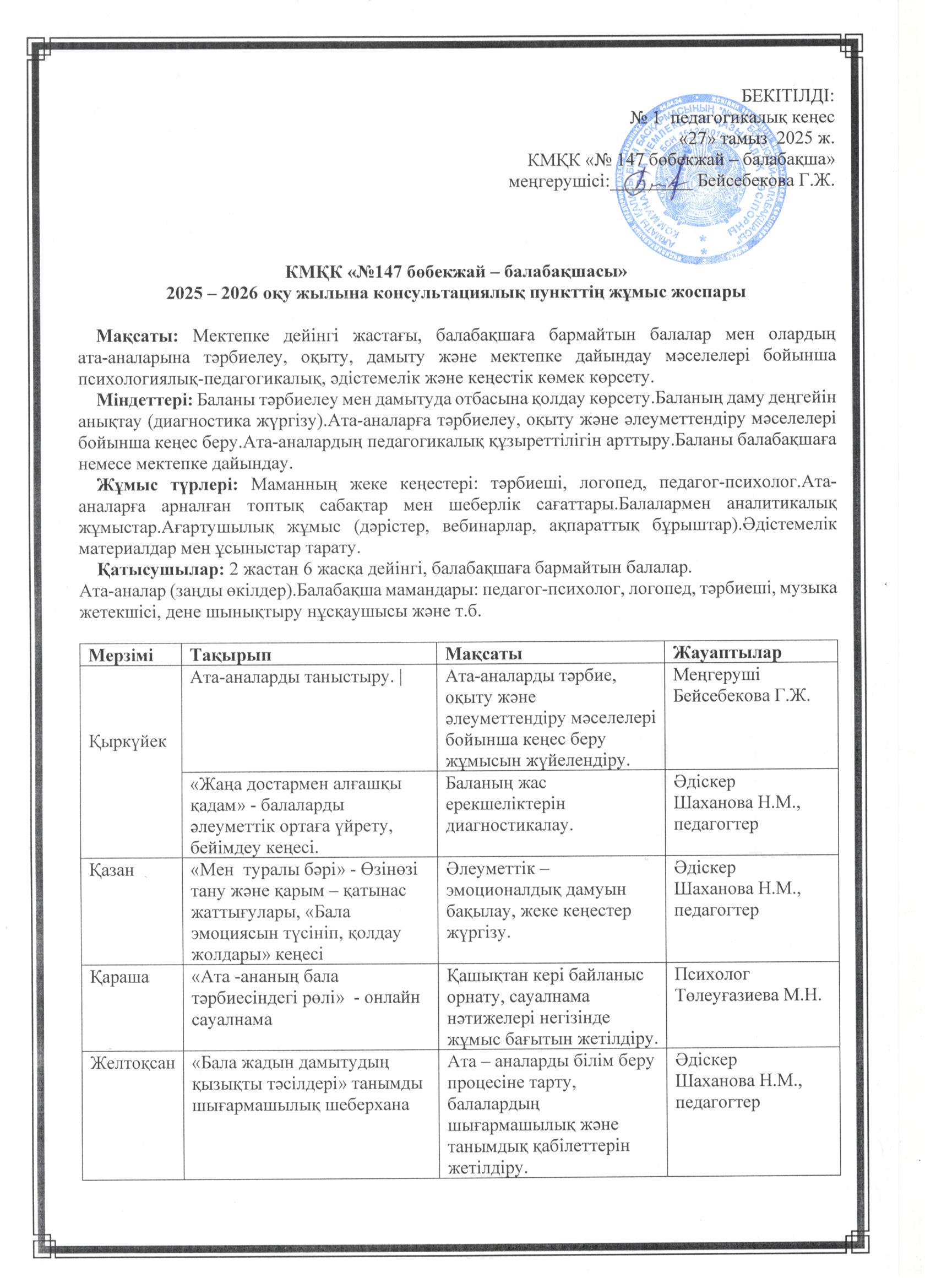 2025 – 2026 оқу жылына консультациялық пункттің жұмыс жоспары